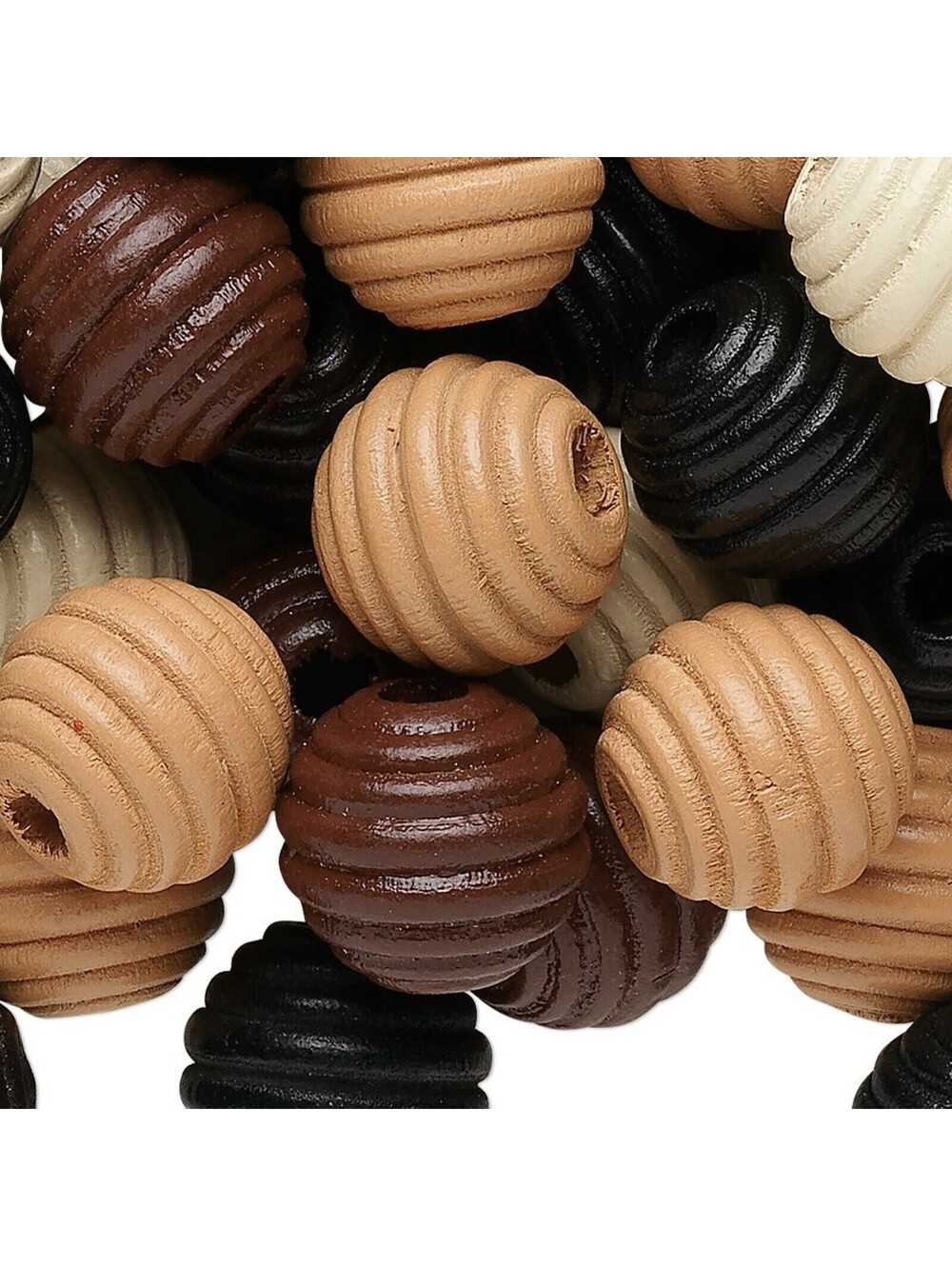 Fluted Carved Earthy Brown Black Tan Cream 16mm Round Korean Wood Beads 15 pcs